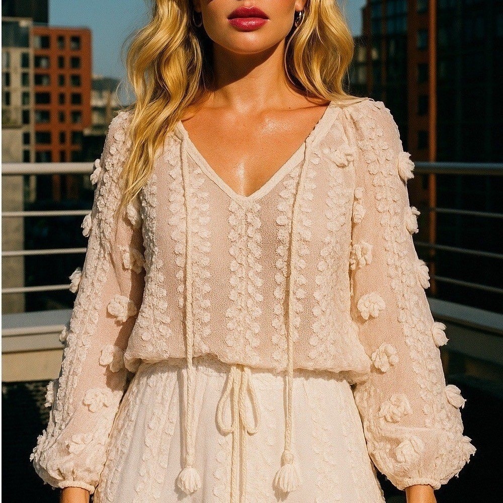 Calypso St Barth Cream Sheer Pom Pom Tassel V-Neck Boho Blouse Small